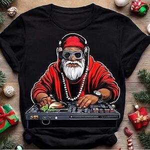 Black T-Shirt with Santa DJ Graphic